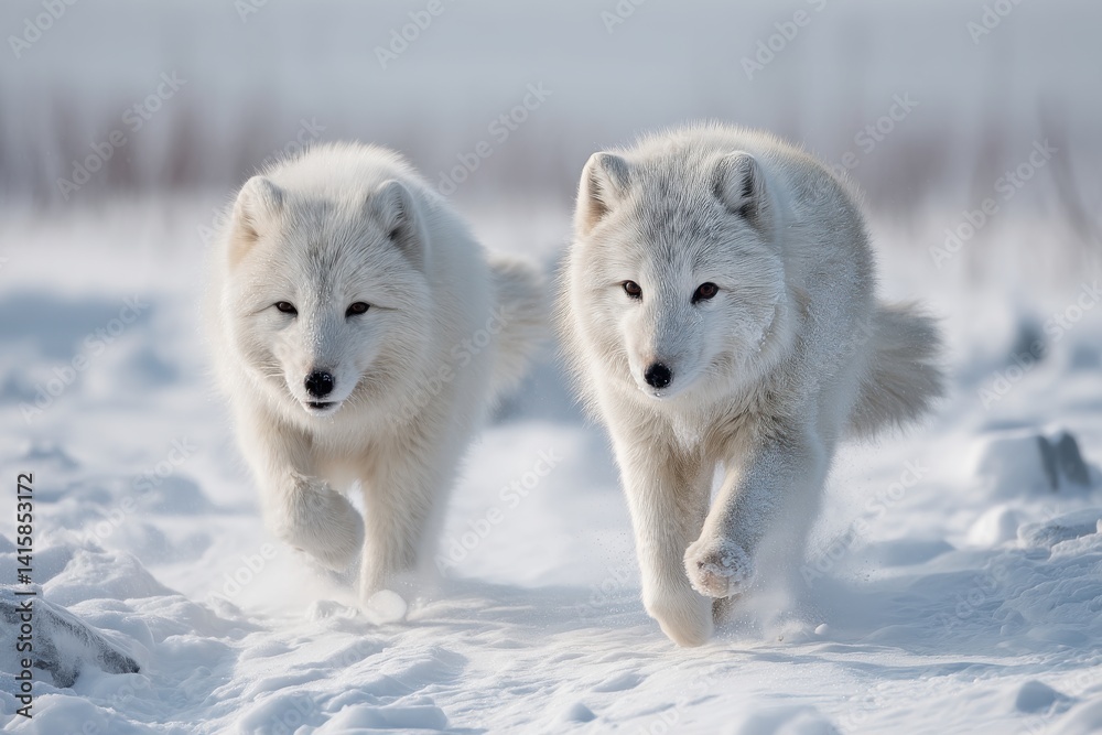 Obraz premium Two stunning Arctic wolves run together through a snowy landscape, their white fur blending with the snow, eyes locked on their target, showcasing arctic wildlife.
