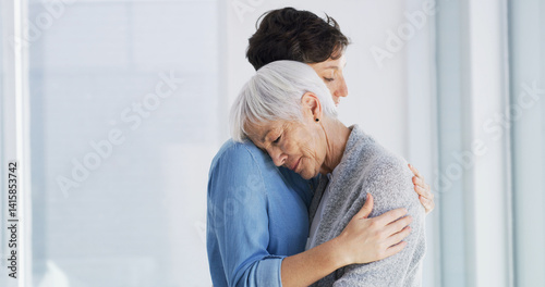 Obraz na płótnie Sad, comfort and woman hugging senior mother in retirement home for grief, support or loss. Emotional, love and female person embracing elderly mom for empathy, care and emotions in nursing facility. w salonie