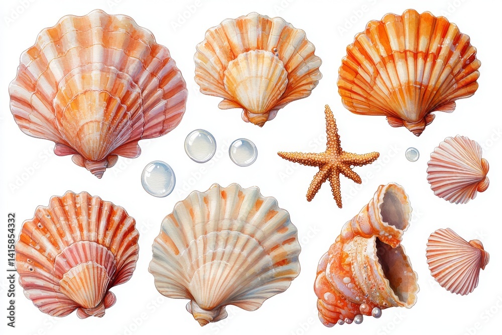 On a white background, a watercolor illustration showcases a mermaid tail, seashells, crown, bubbles, coral, and pearl On a white background, a watercolor illustration showcases a mermaid tail, seashells, crown, bubbles, coral, and pearl