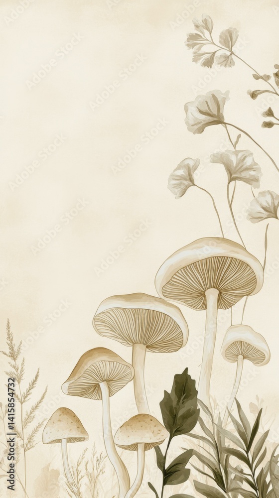 Obraz premium Beige Watercolor Mushroom Floral Plant Botanical Illustration