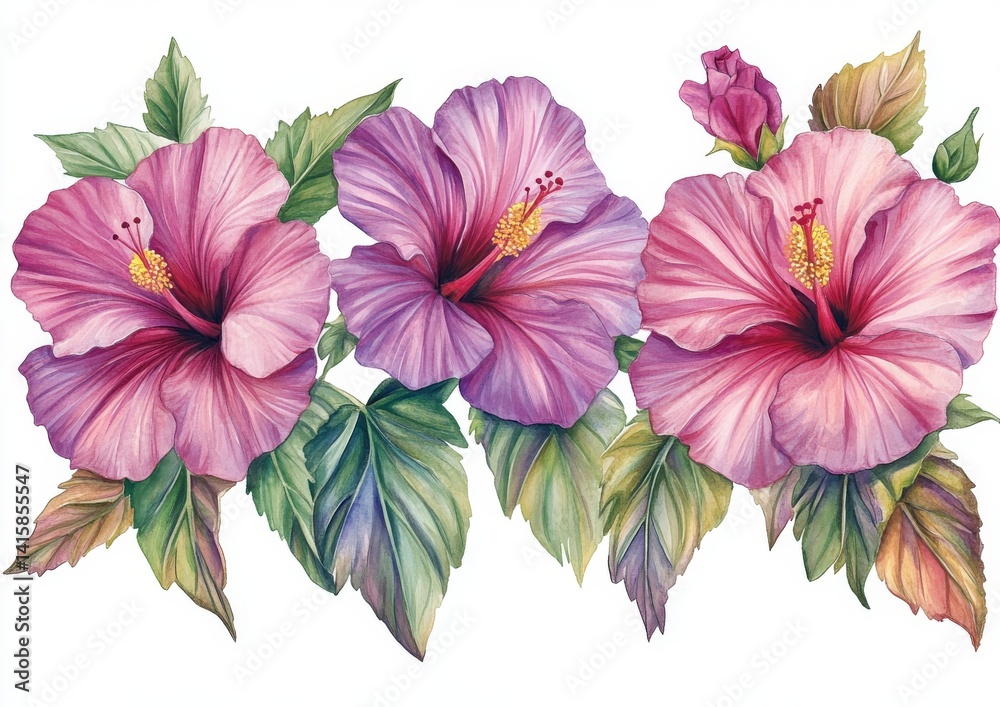 Obraz premium Pink hibiscus flowers are illustrated in watercolor on an isolated white background, representing a beautiful example of tropical flora in botanical art