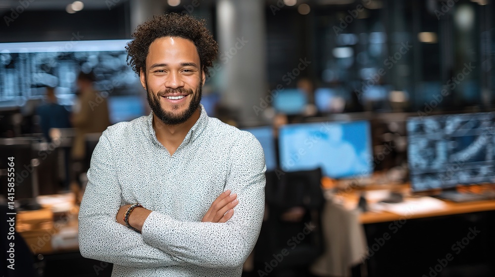 Fototapeta premium Professional Man with Folded Arms Smiling in Modern Tech Office