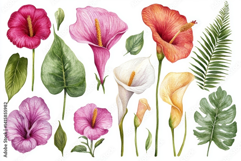 Obraz premium The image presents a watercolor illustration of various tropical plants and flowers, including palm leaves, rose, hibiscus, pansy, and fern, all on a white background