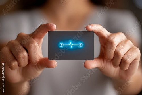 A young Asian woman holds a futuristic card with a glowing heartbeat design.