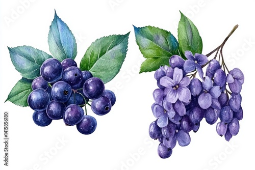 The Elder berry is depicted in a beautiful watercolor illustration set with floral sambucus and isolated on white
