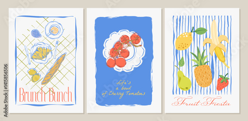 Hand drawn dolce vita food posters. Set of vector abstract food posters with brunch, tomatoes, summer fruits. Vintage whimsical compositions for cards, posters, decor for kitchen, cafes, restaurants.