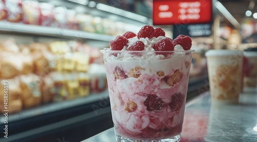 Delicious Raspberry Parfait with Cream in Supermarket Setting - Tempting Dessert