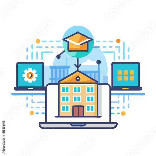 Online Learning Platform with Graduation Cap and Computers