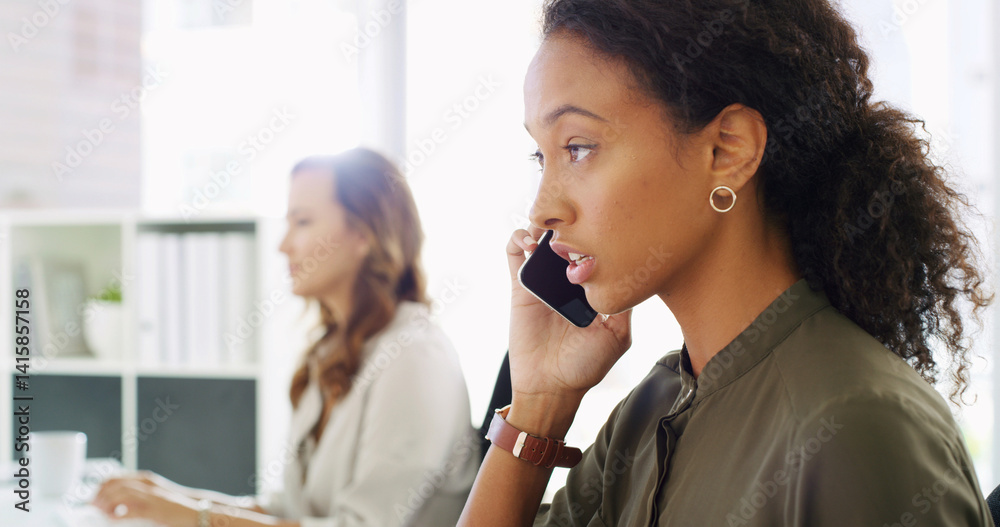 Phone call, business communication and woman in workplace, negotiation or networking with mobile discussion. Contact, conversation and corporate deal with feedback, consulting and coworking office Phone call, business communication and woman in workplace, negotiation or networking with mobile discussion. Contact, conversation and corporate deal with feedback, consulting and coworking office