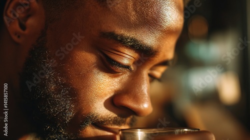 Happy African American Man Enjoying a Warm Drink in a Café Setting