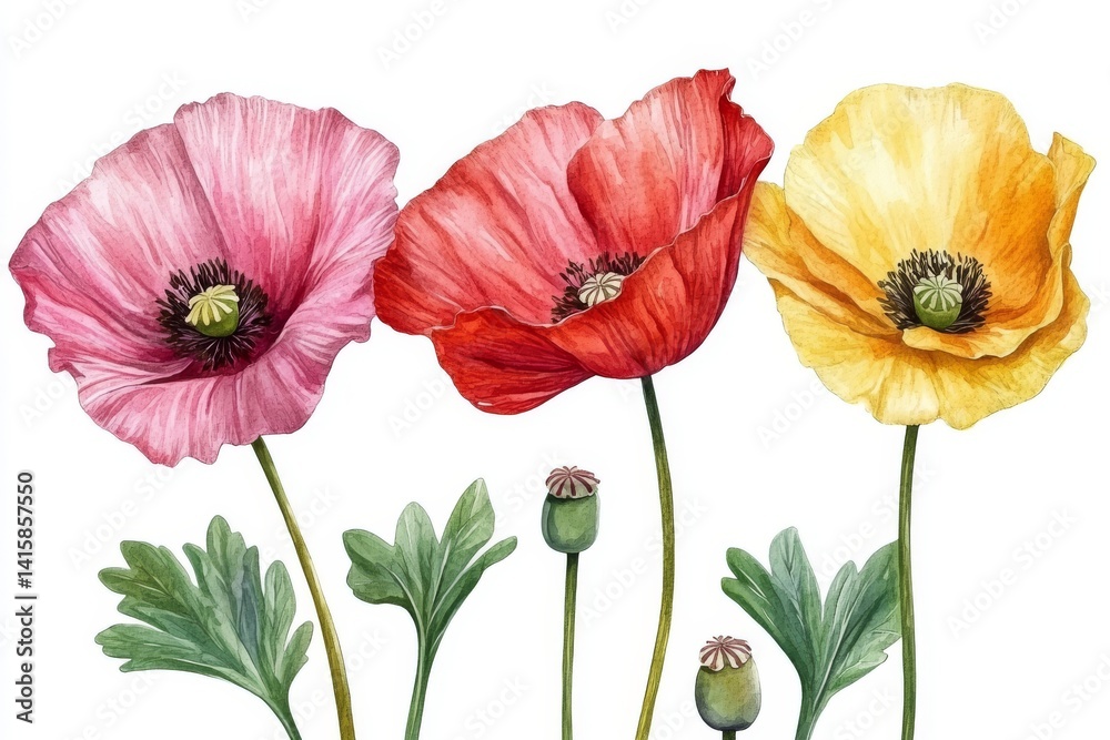 Obraz premium Poppies, in various forms including buds, seeds, and leaves, are beautifully illustrated in watercolor on a white background as part of a botanical flower set