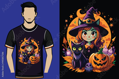 Halloween t-shirt design illustration cat witch 