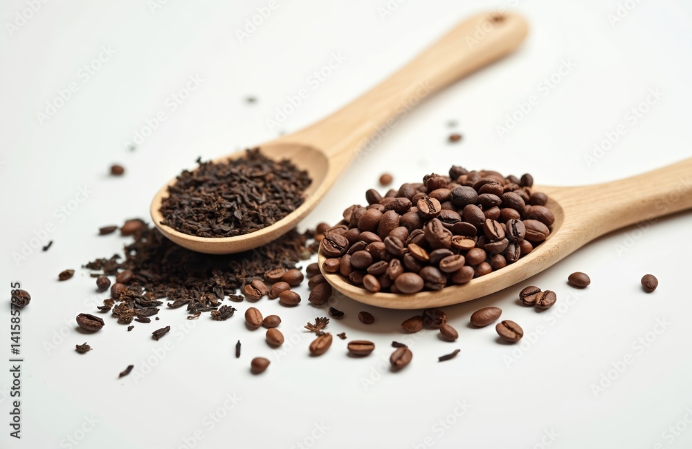 Dry tea and coffee beans on wooden spoons. Isolated on white. Natural ingredients, aromatic breakfast beverage, healthy food. Close-up shot of dried leaves and coffee beans. Dry tea and coffee beans on wooden spoons. Isolated on white. Natural ingredients, aromatic breakfast beverage, healthy food. Close-up shot of dried leaves and coffee beans.