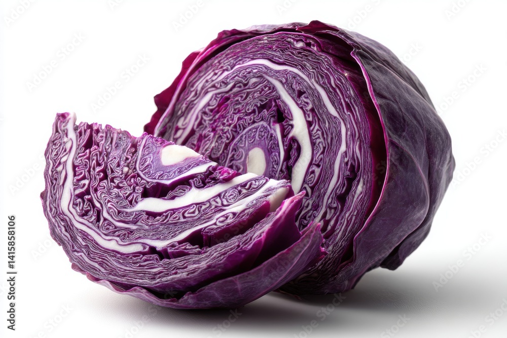 Fototapeta premium A vibrant close-up of a sliced red cabbage, revealing its intricate layers and textures on a white background, showcasing freshness and natural patterns.