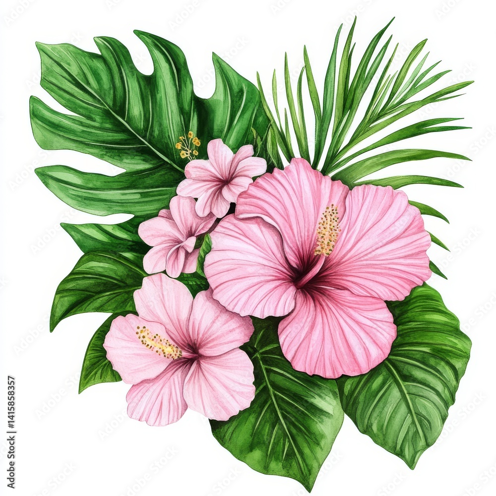 Obraz premium Exotic palm leaves and colorful hibiscus flowers are characteristic of tropical settings, often illustrated through delicate watercolor artwork showcasing green flora