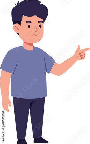 Young boy with dark hair pointing finger wearing casual blue shirt and black pants flat minimal vector illustration