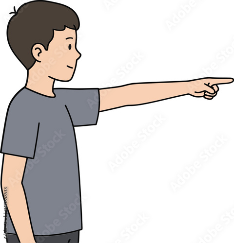 Young boy with short hair wearing grey t-shirt pointing to the right side minimal flat vector art