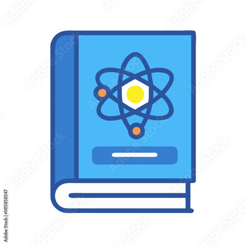Blue science book with atom icon illustration.
