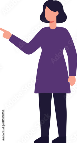 Woman with short dark hair wearing purple dress pointing sideways flat minimal vector illustration
