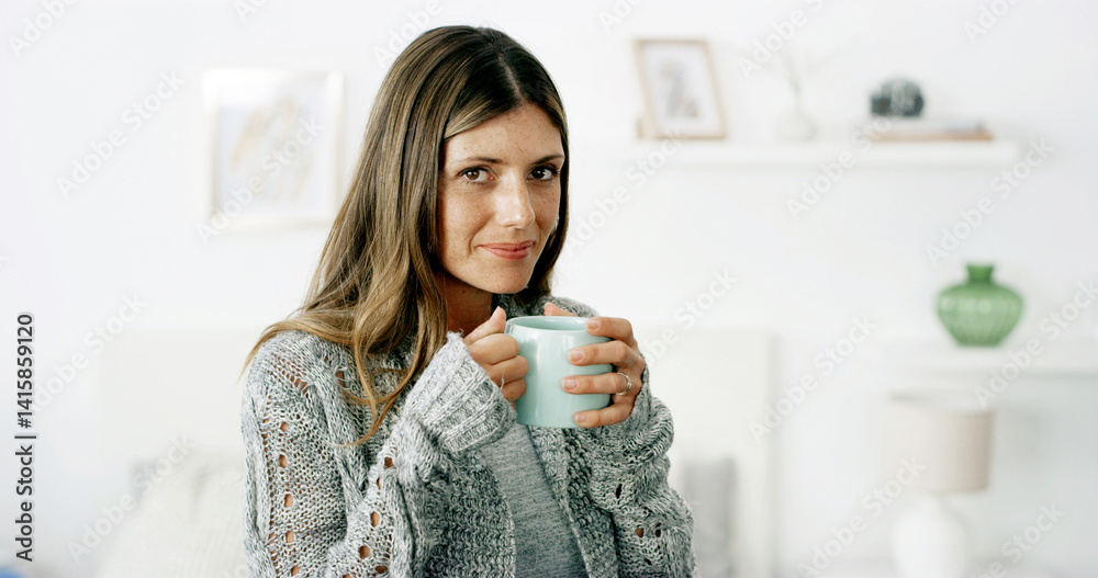 Happy, coffee and portrait of woman in home on weekend, break or holiday in morning with relax. Smile, cappuccino and female person from New York with warm beverage in living room at apartment. Happy, coffee and portrait of woman in home on weekend, break or holiday in morning with relax. Smile, cappuccino and female person from New York with warm beverage in living room at apartment.