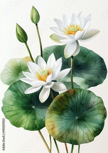 A flora watercolor illustration of a lotus white flower is set against an isolated white background, resembling a water lily botanical painting
