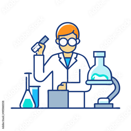 Scientist in lab coat with microscope and glassware