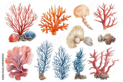 Underwater sea animals, such as crab, turtle, starfish, seaweeds, fish, and coral, are isolated in a watercolor painting that represents a marine concept