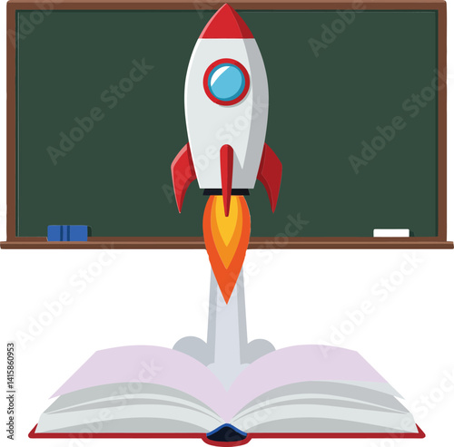 Rocket launching from open book with chalkboard background in flat colorful educational vector illustration