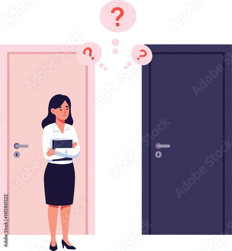 Businesswoman standing between two contrasting doors with question marks above in flat style vector illustration