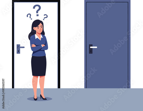 Businesswoman standing with crossed arms and question marks above head in front of two closed doors flat design vector illustration