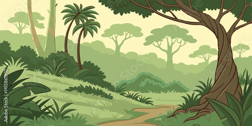 Tropical jungle panorama cartoon vector illustration background. Panoramic game design wild world nature forest, dense vegetation, green high trees, various plants, grass, lianas