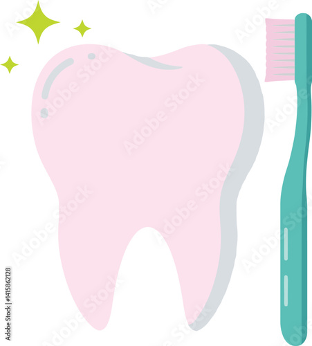 Clean shiny tooth with turquoise toothbrush and sparkling effect flat minimal dental hygiene vector illustration