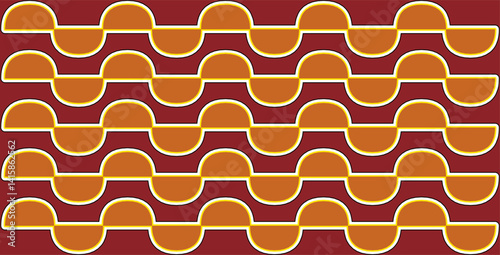 Geometric tile pattern of connected orange half-circles with yellow stripes on maroon. 