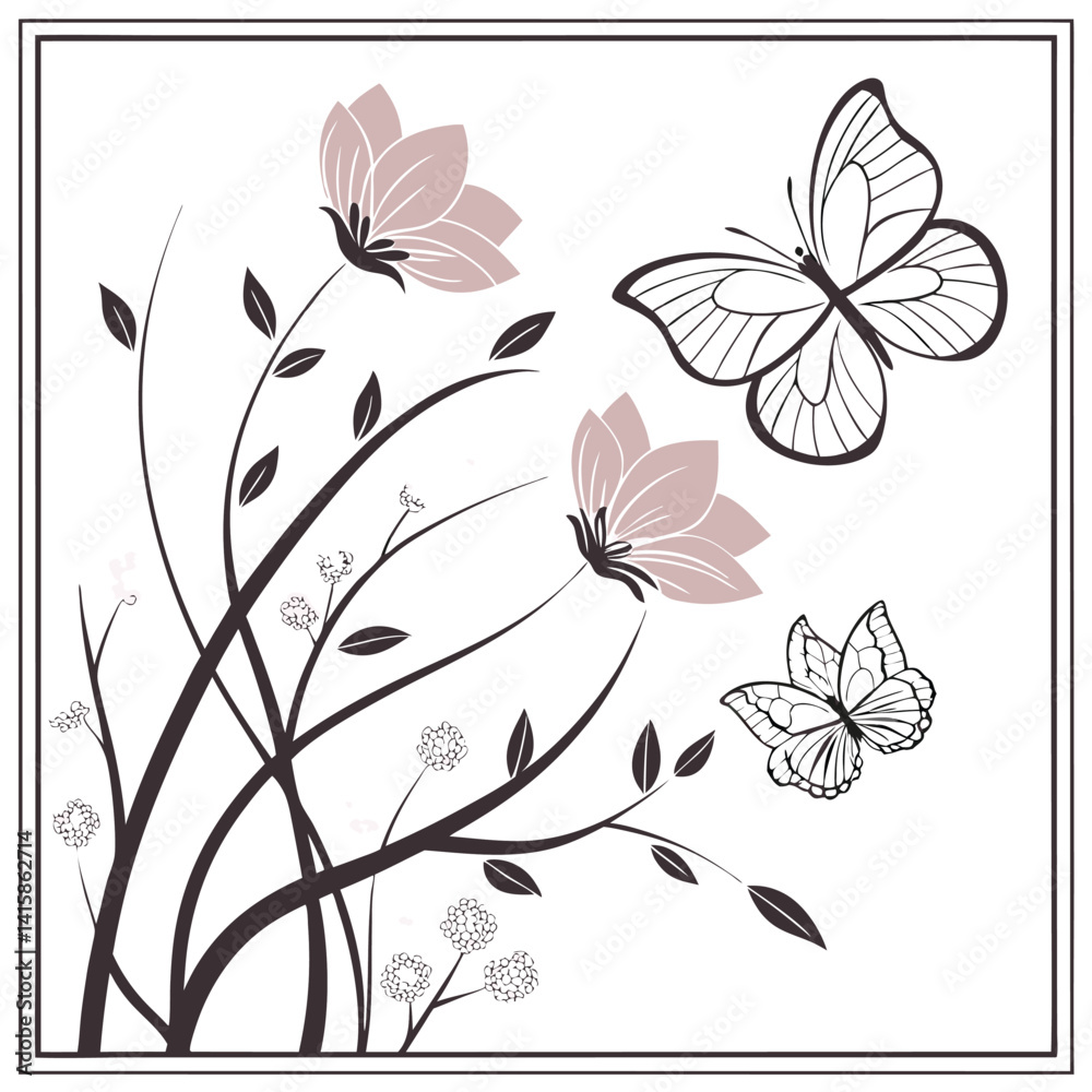 Fototapeta premium Elegant Floral Design with Butterflies and Delicate Pink Flowers