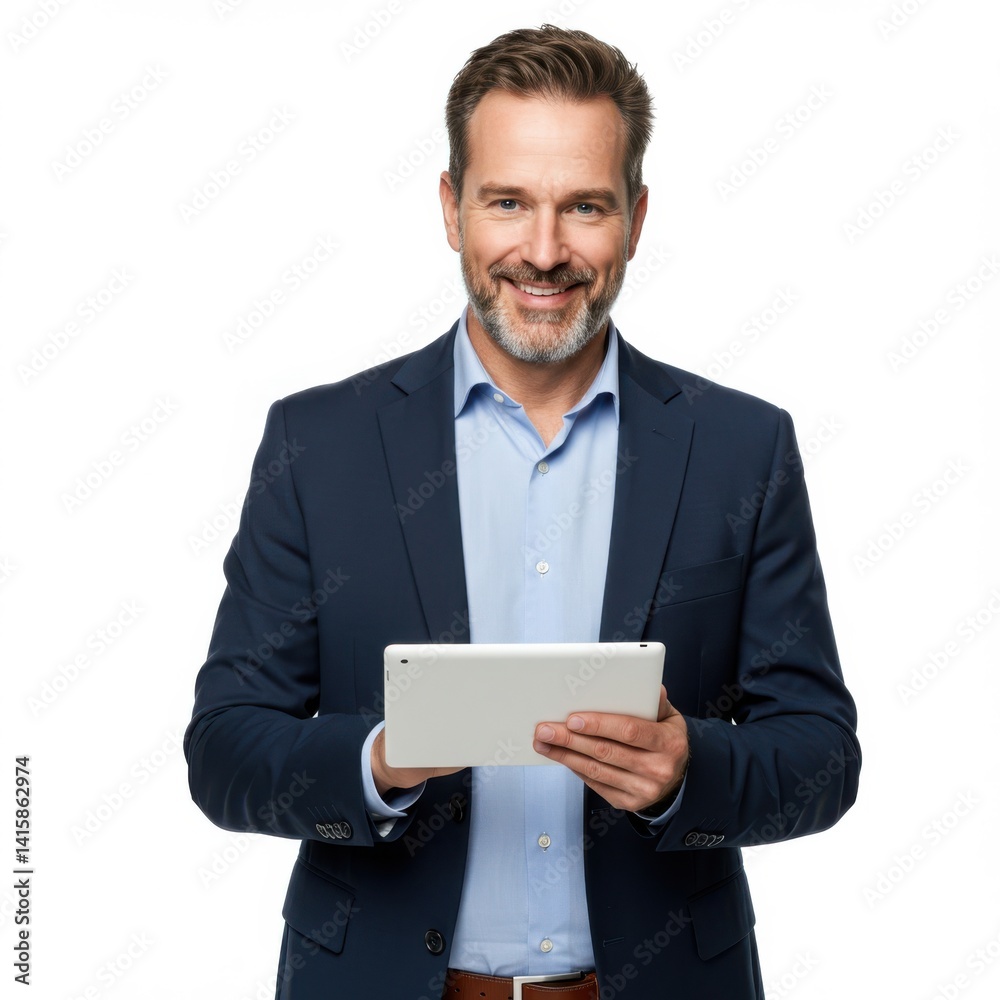 Confident professional man in navy suit using tablet in modern studio portrait isolated on white background Confident professional man in navy suit using tablet in modern studio portrait isolated on white background