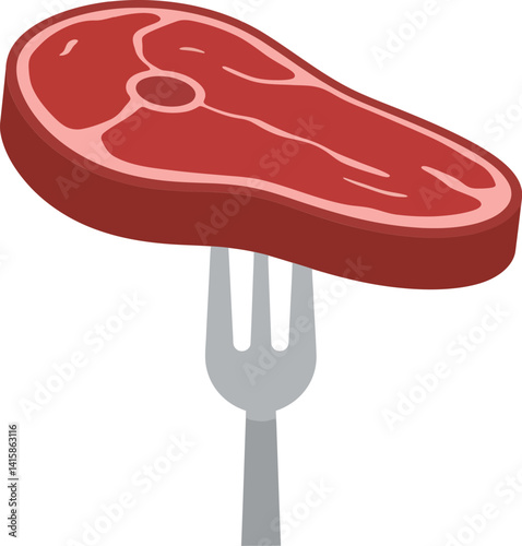 Raw red steak piece pierced by silver fork minimal flat design isolated on white background vector illustration