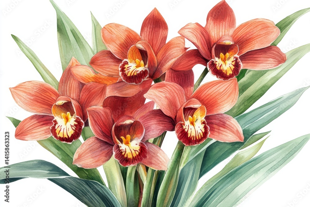 Naklejka premium The combination of an orchid flower and eucalyptus leaves creates a tropical watercolor floral bouquet, presented on a white background and intended for use in design and artistic projects