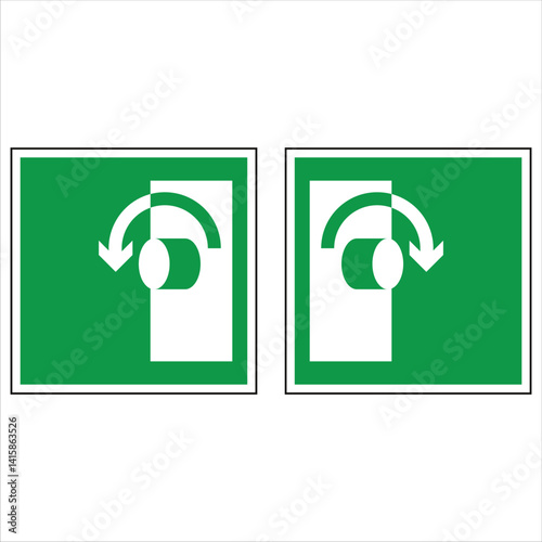 International revolving door emergency exit sign pointing the way to open it during an evacuation