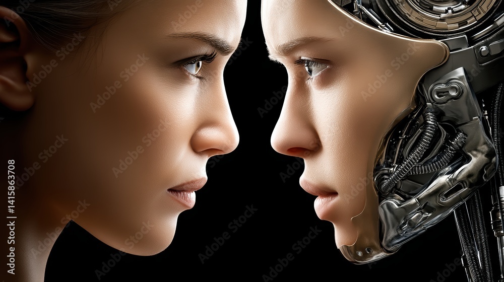 Face off between human and ai robot highlighting future technology and human-machine interaction