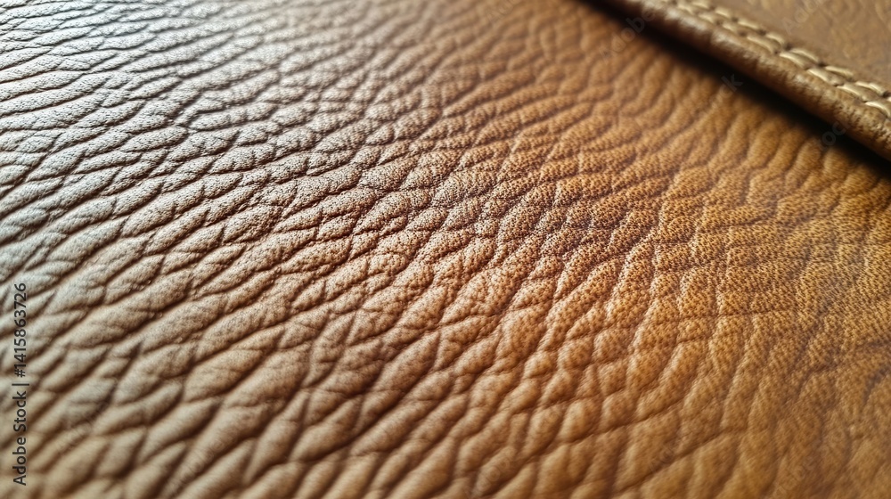 Close-up of textured brown leather surface with detailed grain and stitching