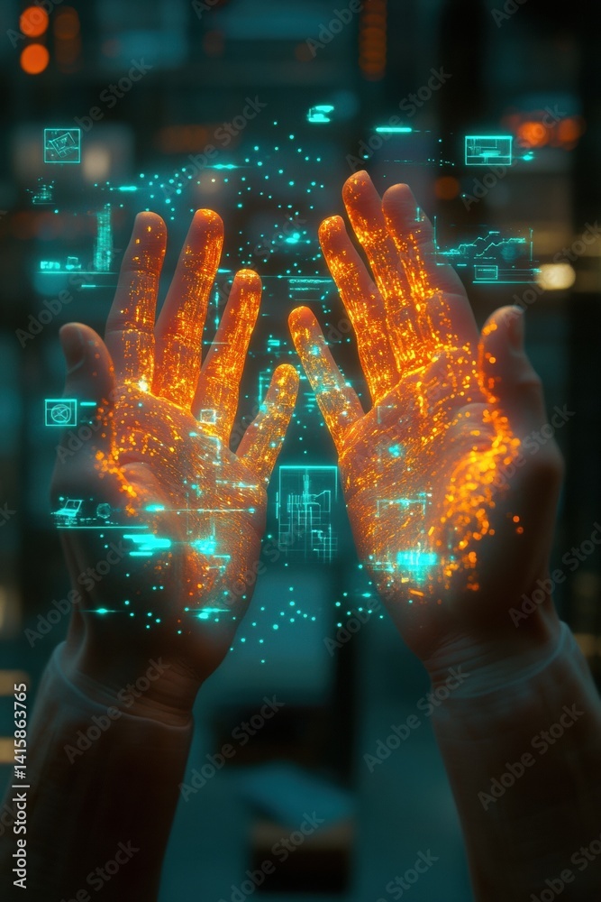 Futuristic augmented reality interface with hands illuminated by holographic displays in a technology environment