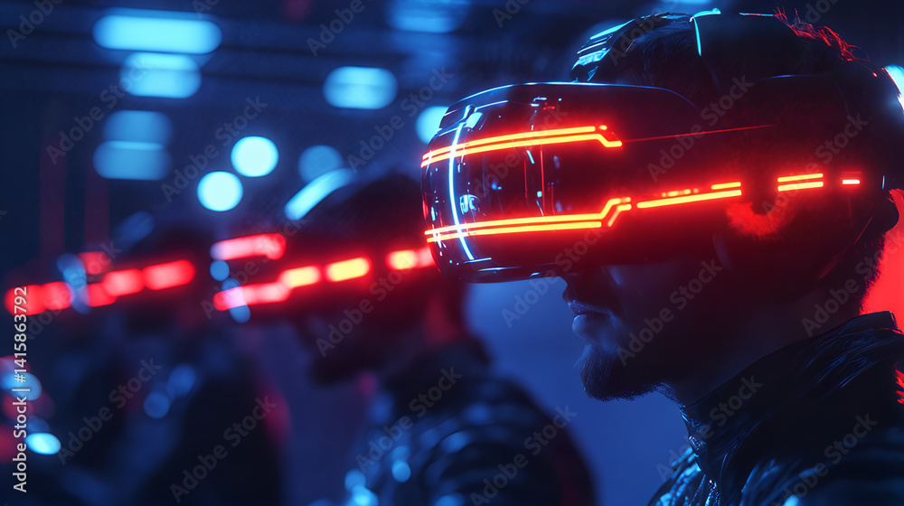 Futuristic gaming with neon vr headsets in sci-fi setting featuring young men