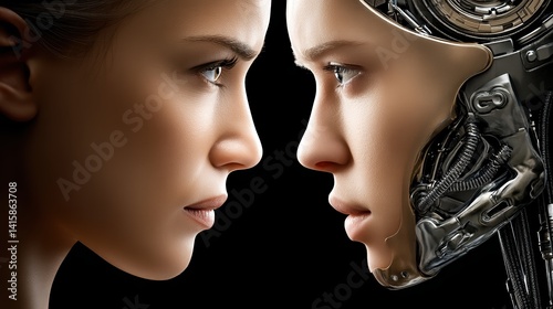 Obraz na płótnie Face off between human and ai robot highlighting future technology and human-machine interaction w salonie