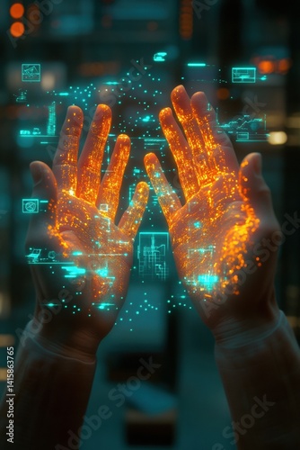 Obraz na płótnie Futuristic augmented reality interface with hands illuminated by holographic displays in a technology environment w salonie
