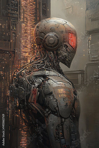 Obraz na płótnie Futuristic cyborg in high-tech urban environment with advanced robotic headgear w salonie