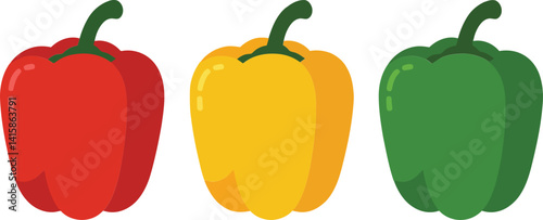 Red yellow and green bell peppers in simple flat style isolated on white background vector illustration