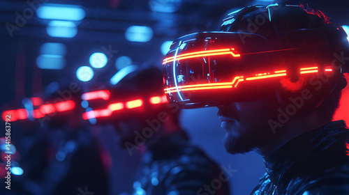 Futuristic gaming with neon vr headsets in sci-fi setting featuring young men