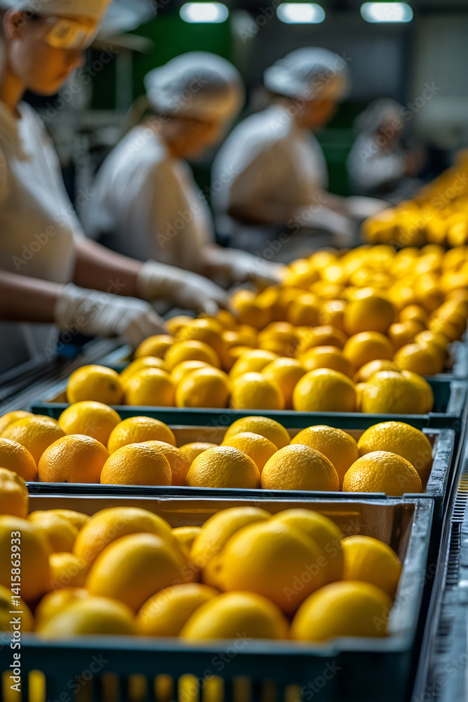 Citrus sorting process in industrial facility with workers organizing fresh oranges for distribution