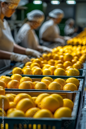 Obraz na płótnie Citrus sorting process in industrial facility with workers organizing fresh oranges for distribution w salonie
