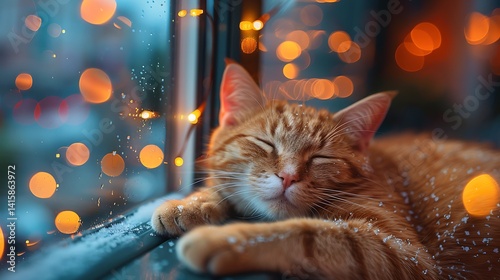 Cat Curled Up On Cozy Windowsill During Snowfall, Glowing Indoor Light And Peace --Ar 16:9 --S 972 --V 6.0 --Style Raw** - @Darya (Relaxed)